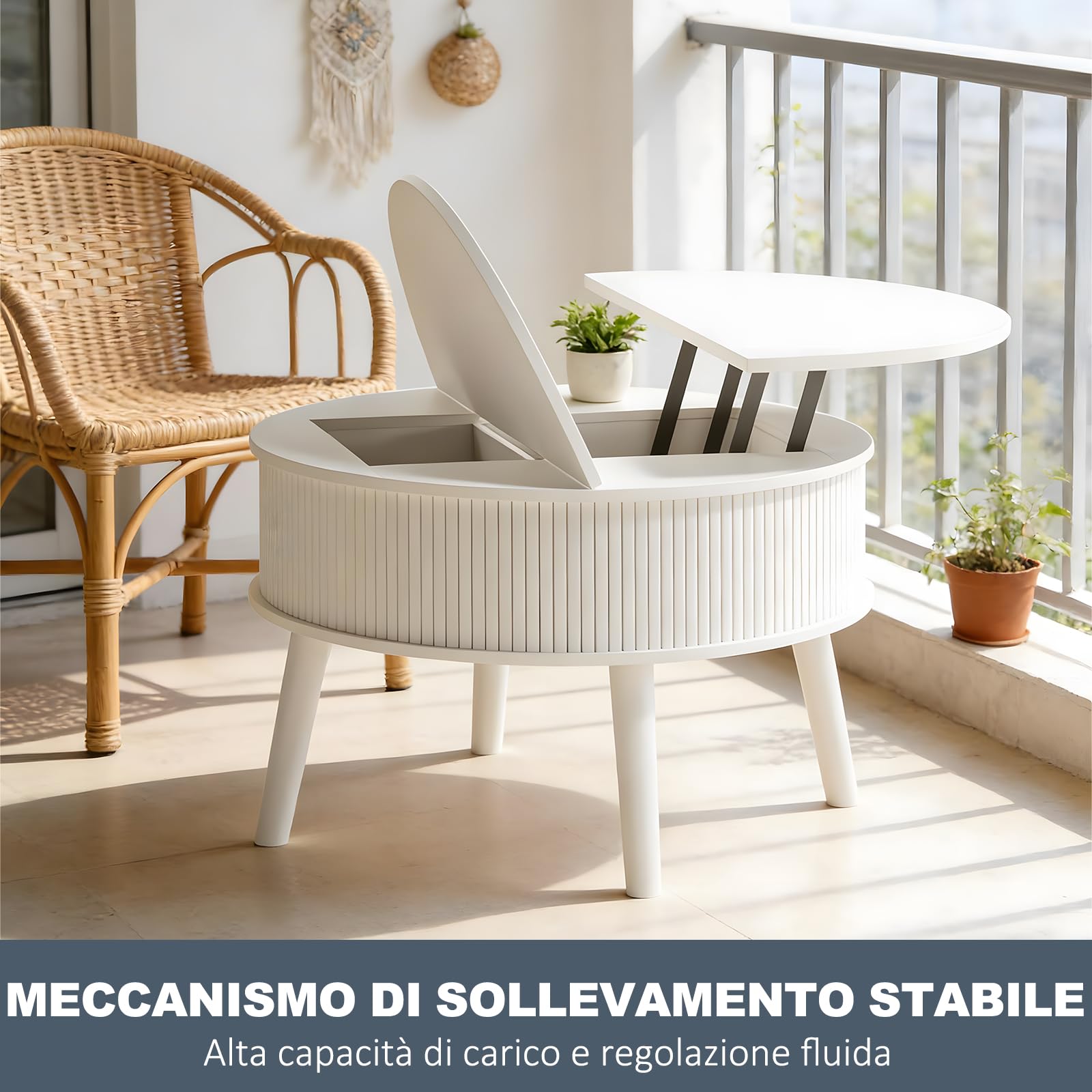 Mesa de Centro Redonda, Mesa Centro Salon con espacio de almacenamiento,Mesa de Café de estar en estilo moderno, con cajones, estanterías dobles y altura ajustable, Extensible y plegable,Color Blanco