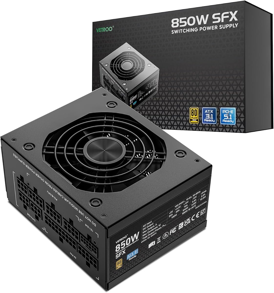Vetroo 850W SFX Power Supply ATX 3.1 & PCIE 5.1 Ready, 80 Plus Gold Certificate Fully Modular, 90mm FDB Fan for Low-Noise Operation, SFX-to-ATX Bracket, 10-Year Warranty - Black