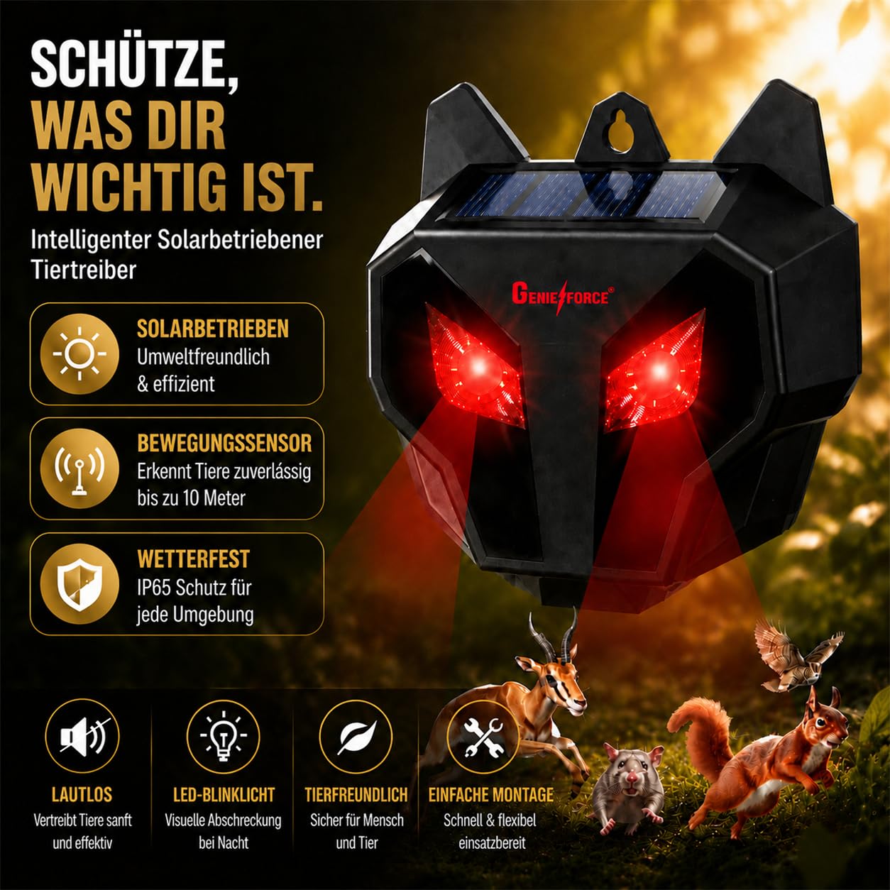 Genieforce® solarny odstraszacz zwierząt z czerwonymi diodami LED, odstraszacz zwierząt, przeciwko dzikim zwierzętom, drapieżnikom, kunom, lisom, szopom praczom, zasilaniu energią słoneczną na