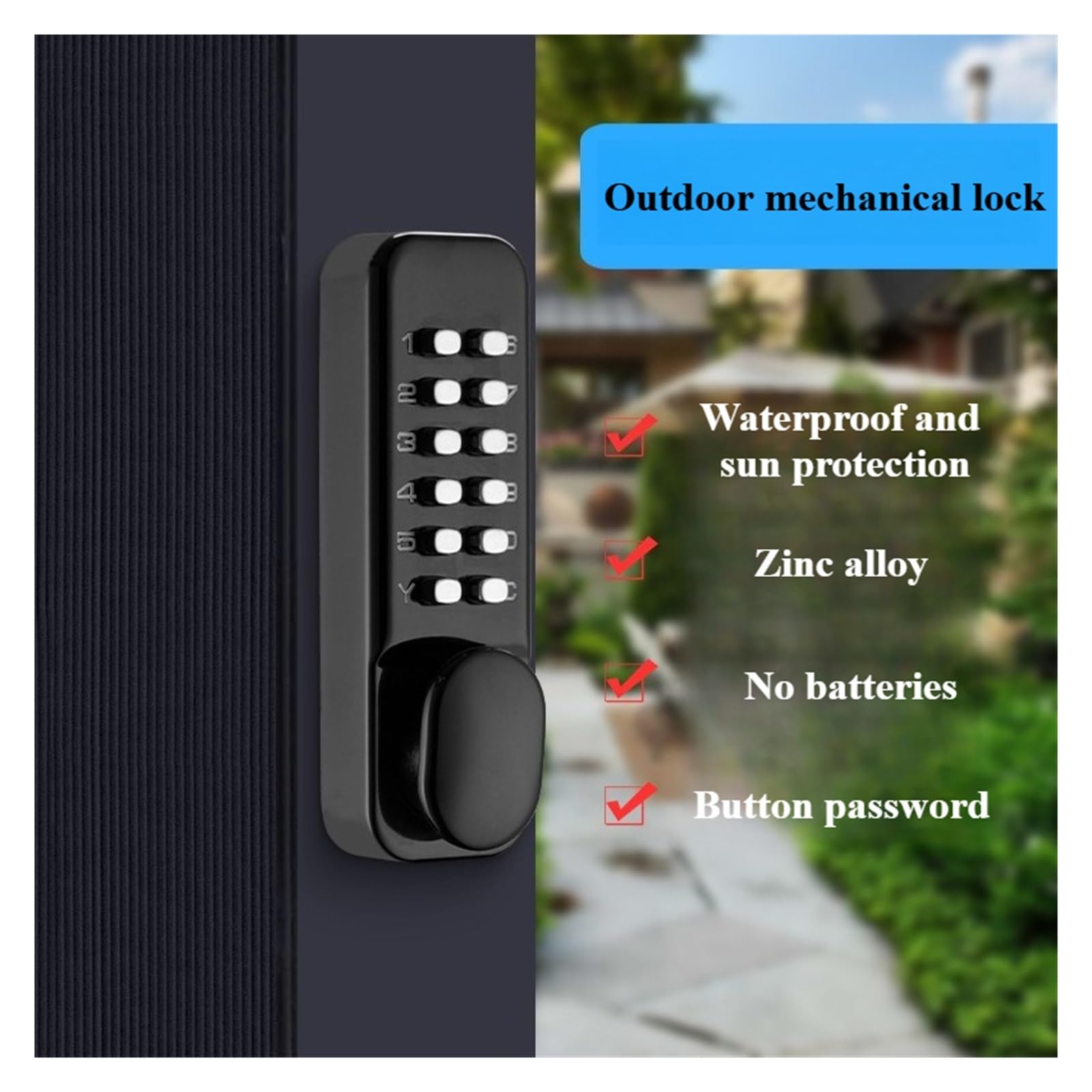 Cerradura mecánica impermeable sin llave con código de contraseña, sin necesidad de energía para uso en exteriores, temperatura alta y baja
