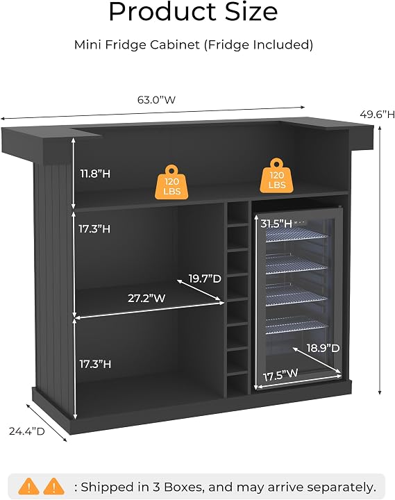 63 U-Shaped Home Bar Cabinet with Beverage Refrigerator, Black