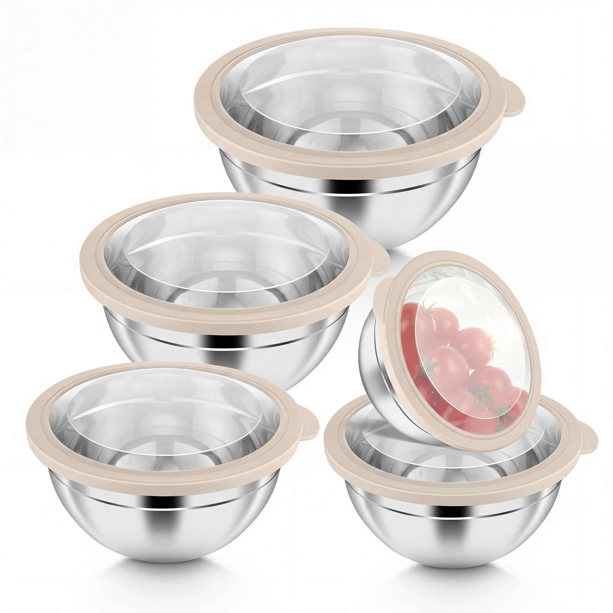 HaWare Rührschüssel 5er Set, Edelstahl Schüssel mit Deckel, Khaki | Salatschüssel mit transparentem luftdichtem Deckel, Stapelbares Schüsselset, 4,5L/3L/1,5L/1,2L/0,7L, Spülmaschinenfest