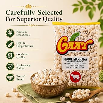 Gaay Phool Makhana 100g – Puffed Lotus Seeds | Light Crunchy Snack | Fox Nuts for Roasting, Cooking & Snacking | Vegetarian (Pack of 1)