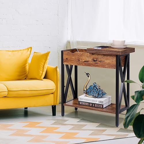 Miniatura 6 de ZenStyle Mesa auxiliar con estación de carga y estante mesa auxiliar estrecha abatible con puertos USB y tomacorrientes mesa de sofá decorativa para