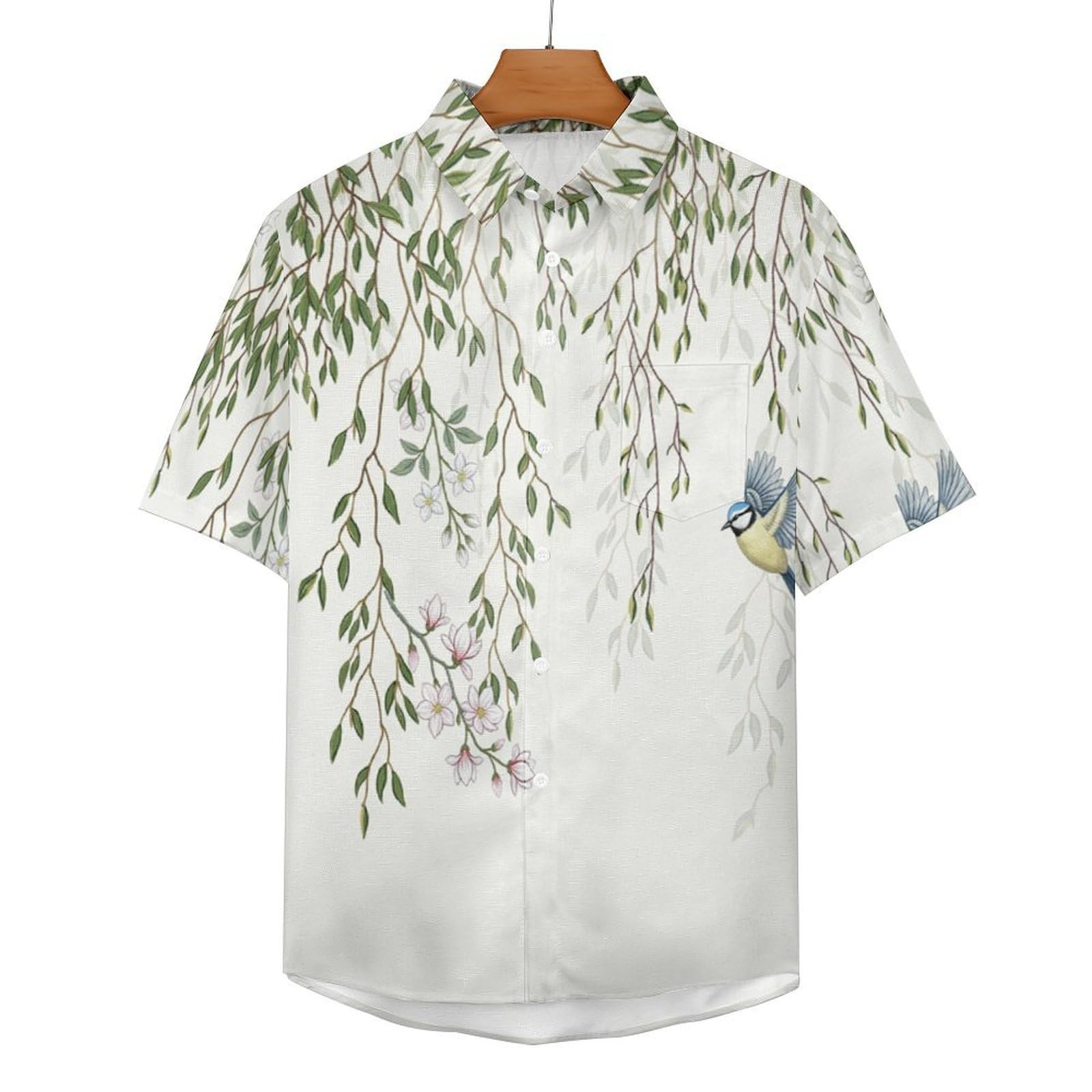 Funky Camicia Hawaiana Uomo, Manica Corta Design Aloha Camicie con Bottoni, Estiva Camicie a Uccelli su Rami di Salice Casual Stampa Spiaggia Estate Disegnato A Mano Camicia