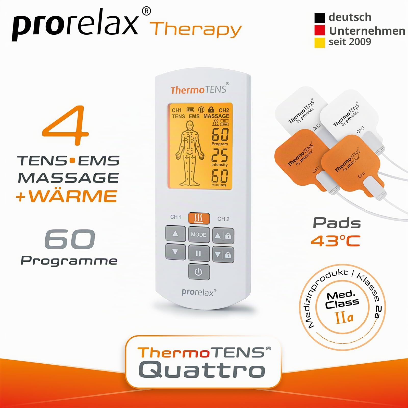 prorelax TENS/EMS QUATTRO | Akkubetriebenes Elektrostimulationsgerät | 4 Therapien - TENS, EMS, MASSAGE, WÄRME | Zur Schmerzlinderung, Entspannung, Muskelaufbau | 60 Programme | 25 Intensitätsstufen