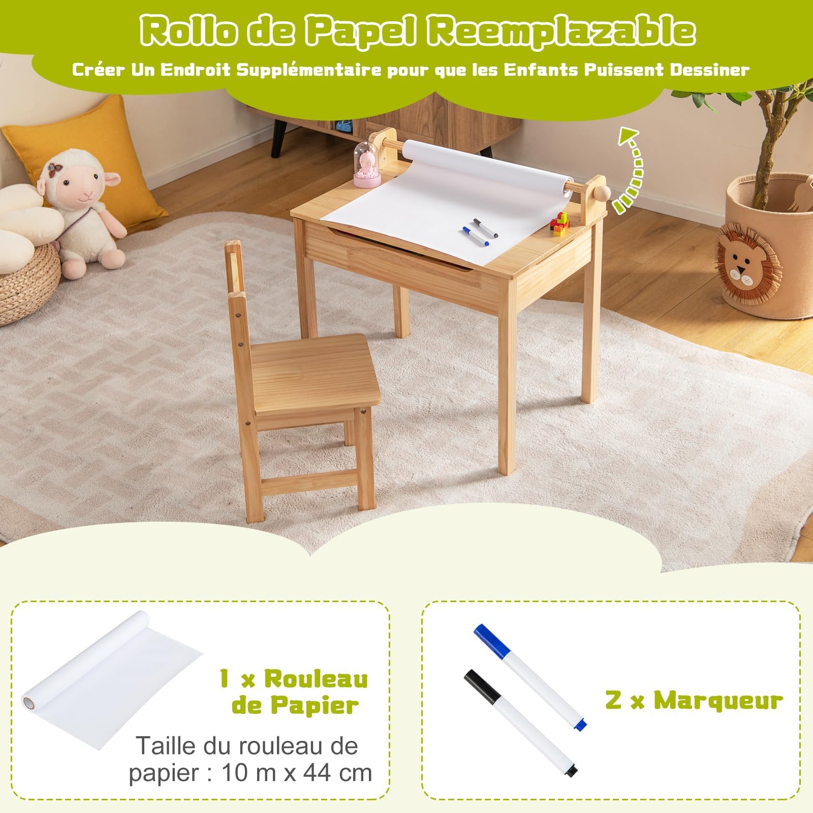 GOPLUS Bureau Enfant avec Chaise en Bois de Pin, Table à Dessin avec Rouleau Papier, Bureau d'Écriture avec Rangement, Charge 50kg, Naturel