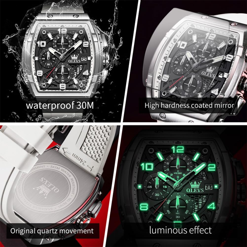 OLEVS Watch Men Luxury Large Face Black Mens Wrist Watches Silicone Square Multifunctional Dress Waterproof Chronograph Analog Quartz Gold Rectangle Relojes para Hombres - Image 7