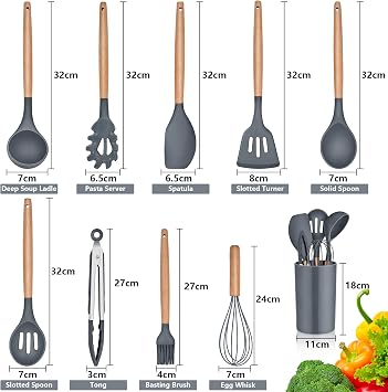 Herogo 10 Pcs Kitchen Utensils Set with Holder with Wooden Handle – Grey