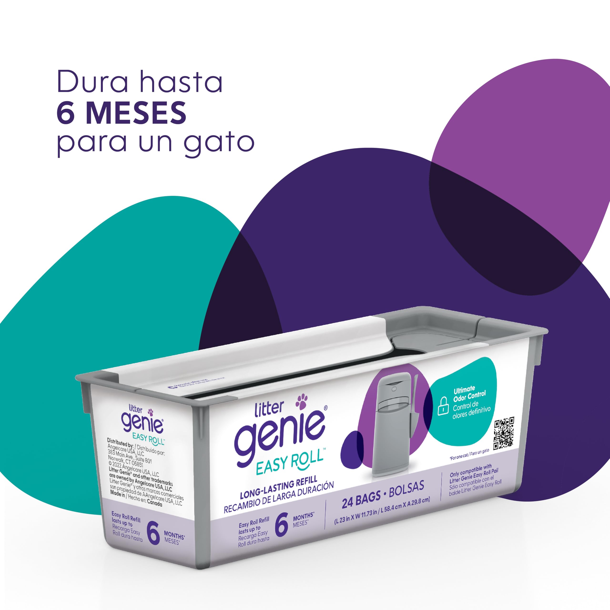 Litter Genie Bolsas de repuesto Easy Roll (paquete de 1) | Incluye un rollo de 6 meses de larga duración de 24 bolsas | Bolsas de arena para gatos con control de olores definitivo