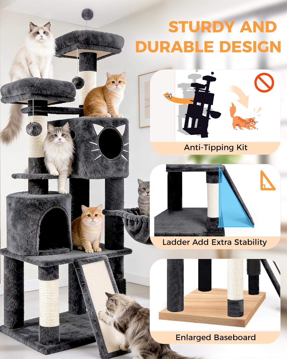 66in Multi-Level Large Cat Tree Tower for Indoor Cat/Kitties, Mordern Cat Tower with Sisal Scratching Posts, Condos and Hammock, Perches, Ramp for Climbing Heavy Duty