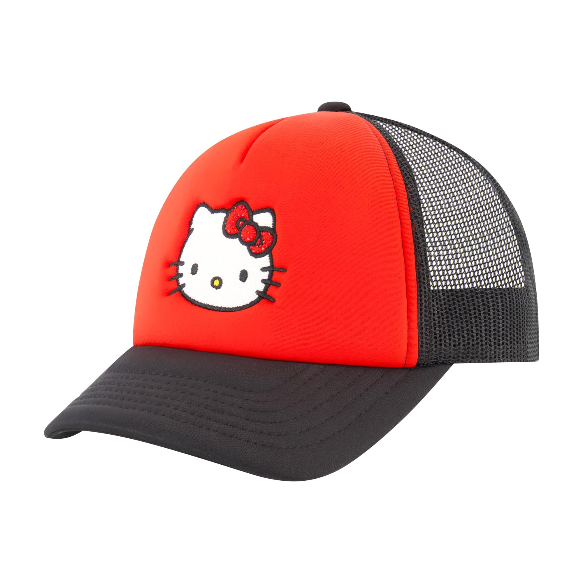 Concept One Hello Kitty Trucker Hat, Adult Baseball Cap with Curved Brim, Pink, One Size, Red/Black, One Size