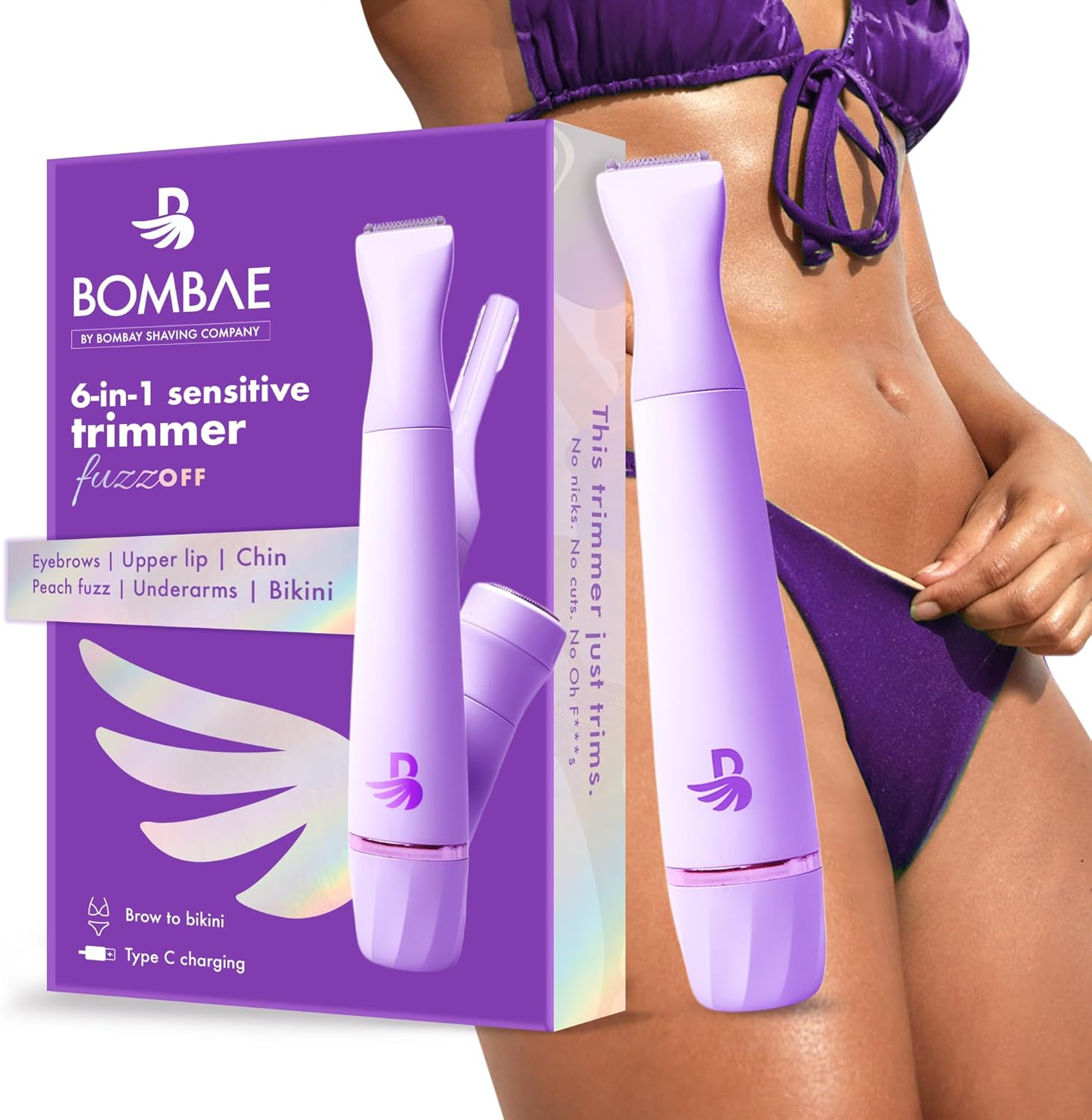 Bombae 6-in-1 Sensitive | Trimmer for Women | Bikini trimmer for women | Eyebrow trimmer for women and facial hair trimmer attachment | 90 mins runtime | C type charging | Waterproof, portable, quick