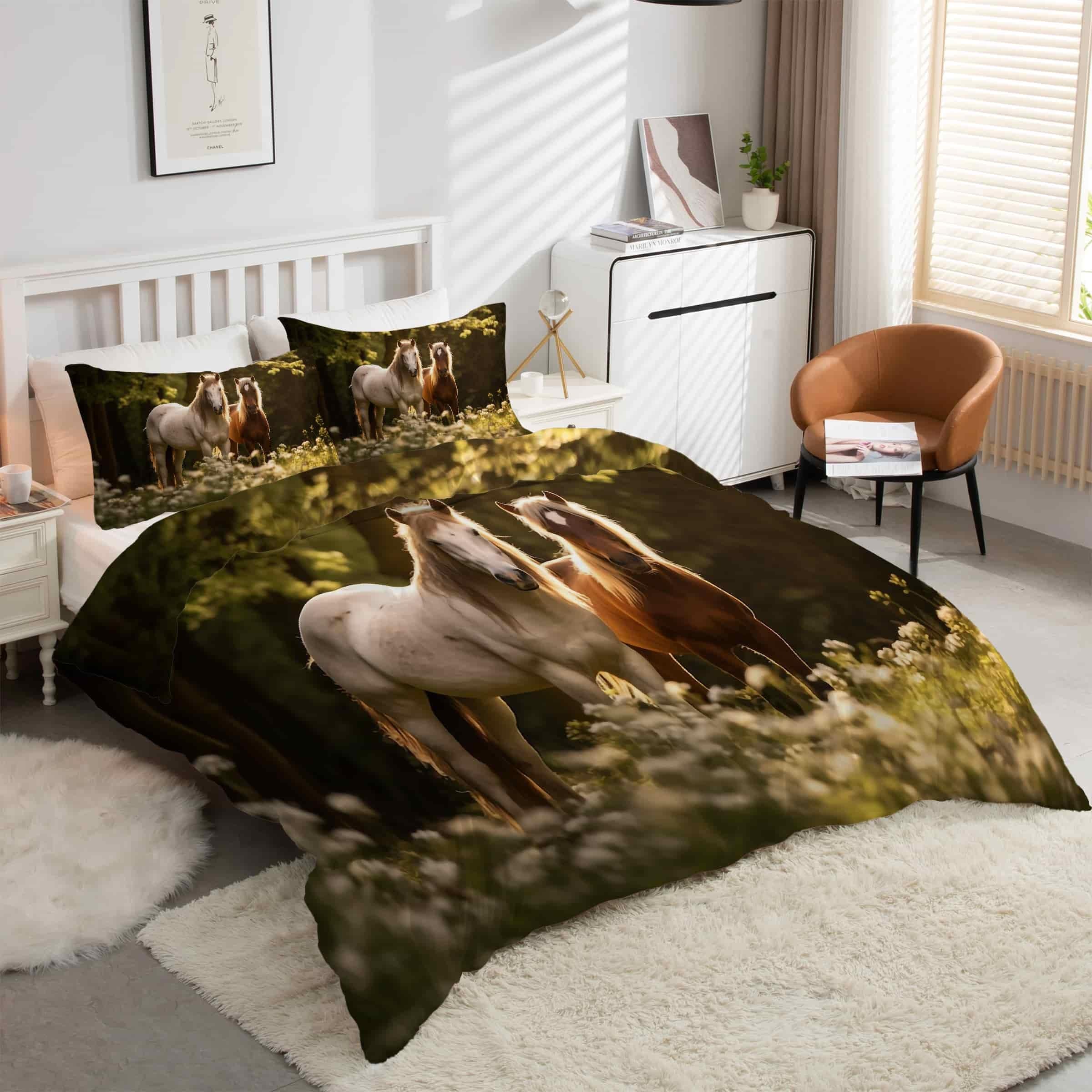 Housse de couette 240 x 260 en microfibre douce zippée motif cheval