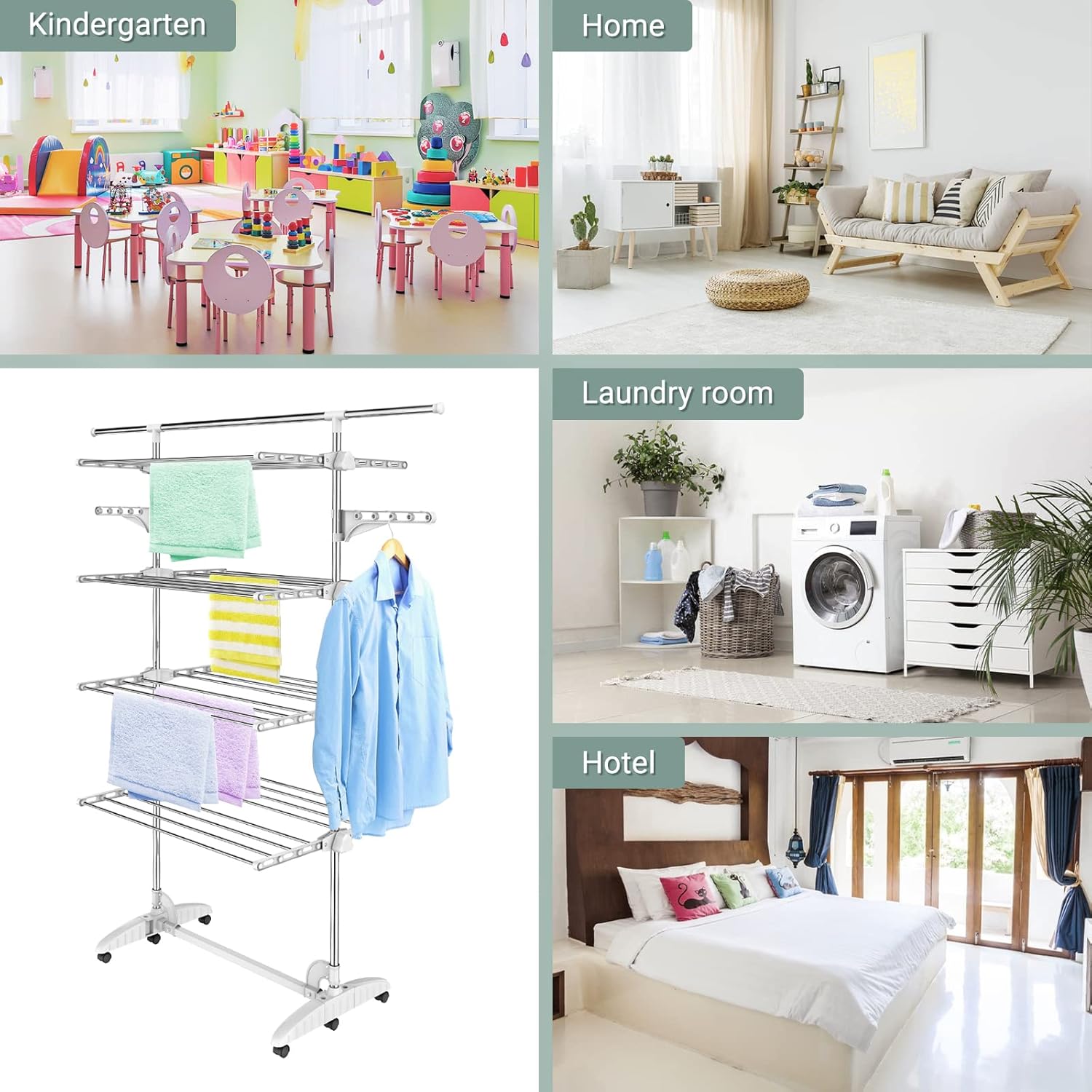 Todeco Clothes Drying Rack,4 Tier Foldable Laundry Drying Rack with Extended Top Bar,High Load Capacity Stainless Steel Space-Saving Clothes Airer with 2 Extra Adjustable Dry Rail Hanger,w/6 Casters