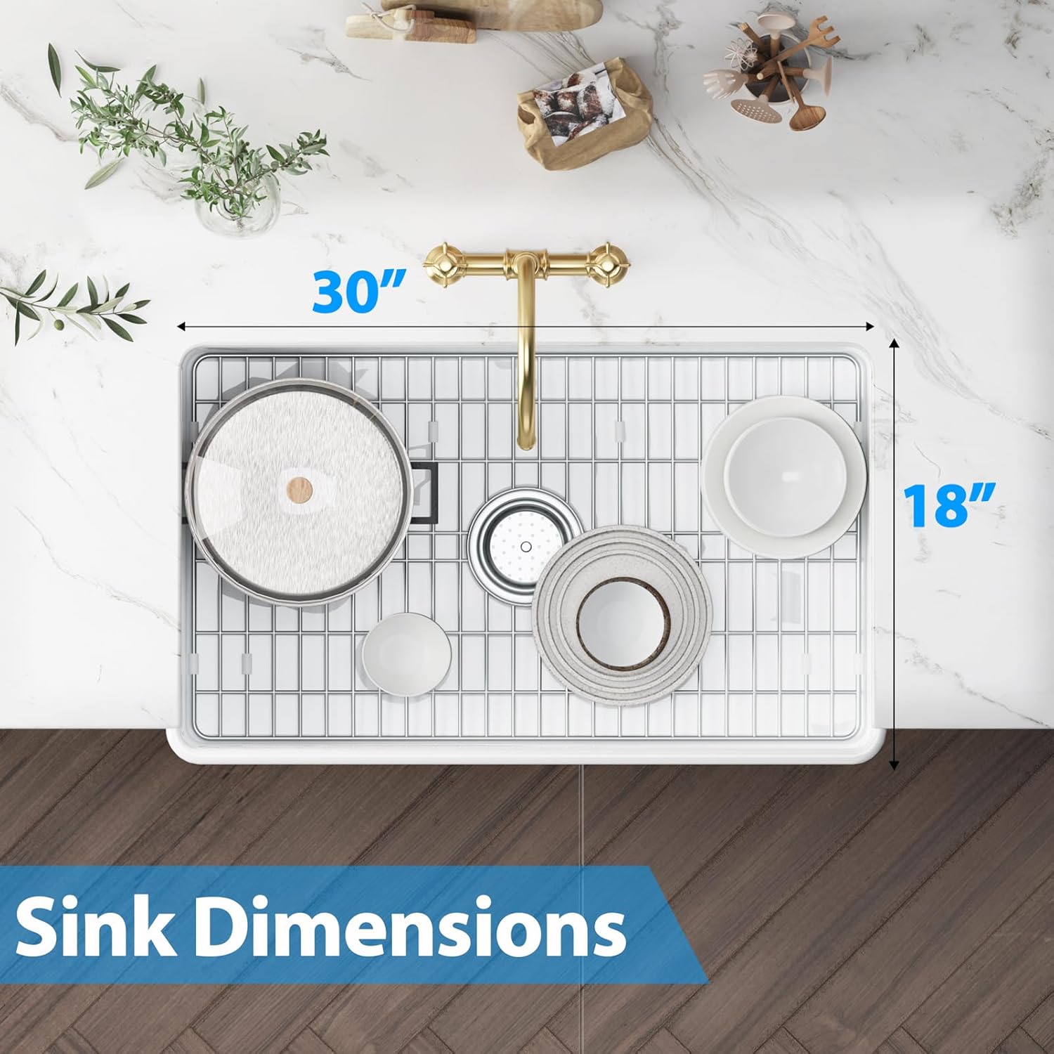 White Farmhouse Sink 30 inch Fireclay Apron Front Single Bowl Kitchen Sink Deep Drop In Farm Sink Undermount with Bottom Grid & Strainer Drain