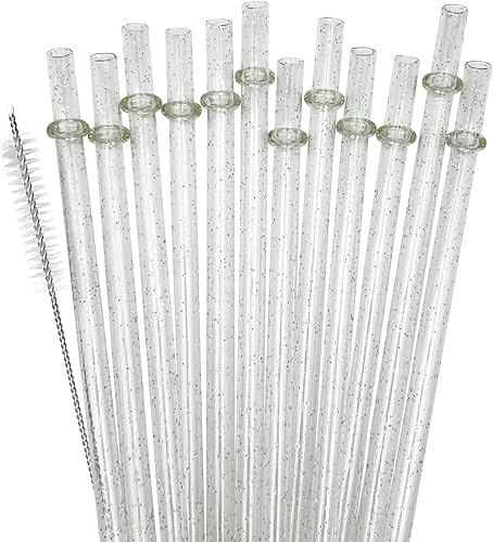 Paquete de 12 popotes de plástico reutilizables con purpurina, vaso duro de 11 pulgadas de largo con cepillo de limpieza, aptos para lavavajillas