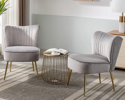 Miniatura 2 de KCC Juego de 2 sillas decorativas modernas tapizadas de terciopelo, sillas de sala de estar de mediados de siglo con patas doradas, cómoda silla sin