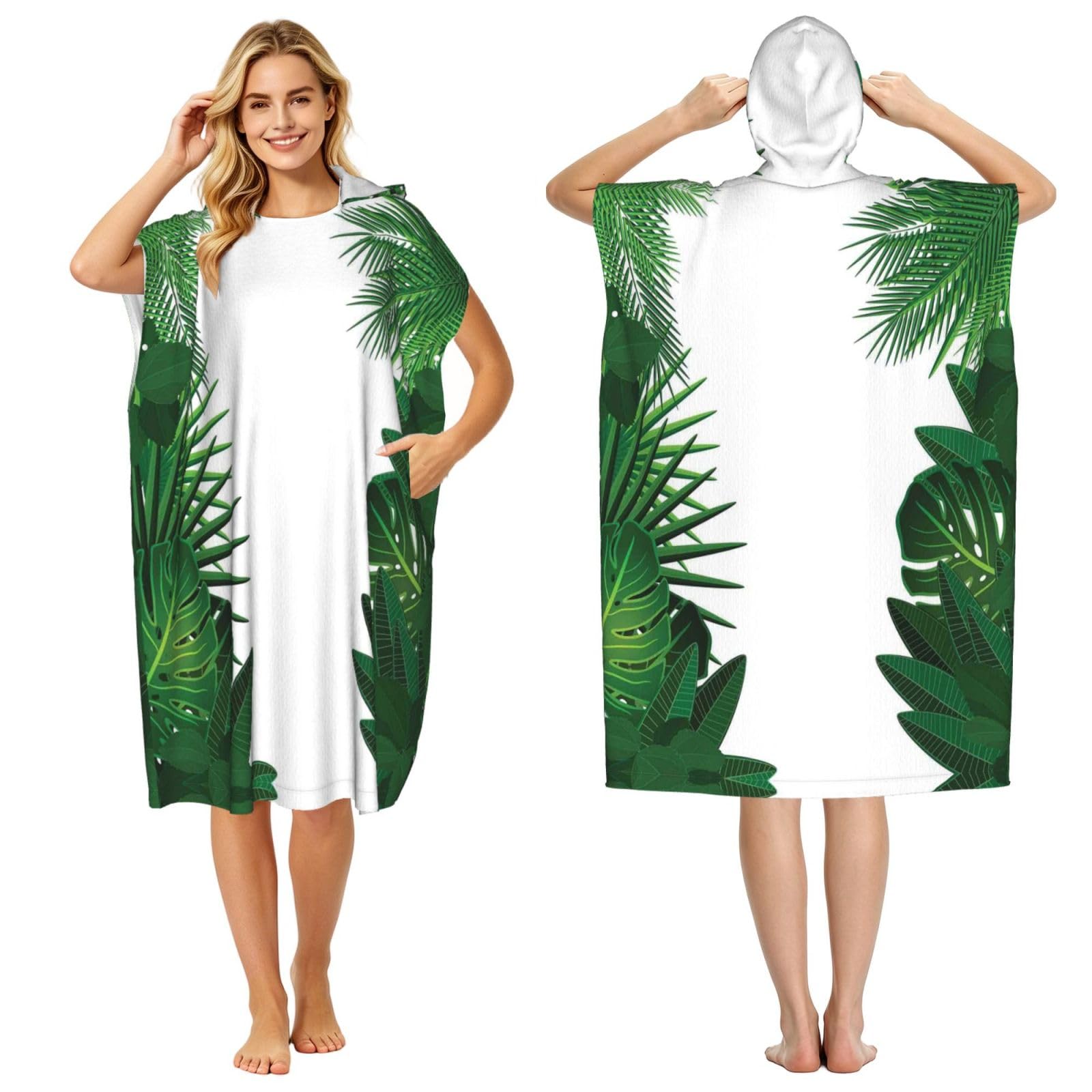 EZDLOWVBA Exotic Fantasy Hawaiian Tropical Palm Leaves Print Hooded Poncho Microfiber Beach Towel,Adult Women & Men Changing Robe,Lightweight Summer Surf Swim Bath Poncho Towel