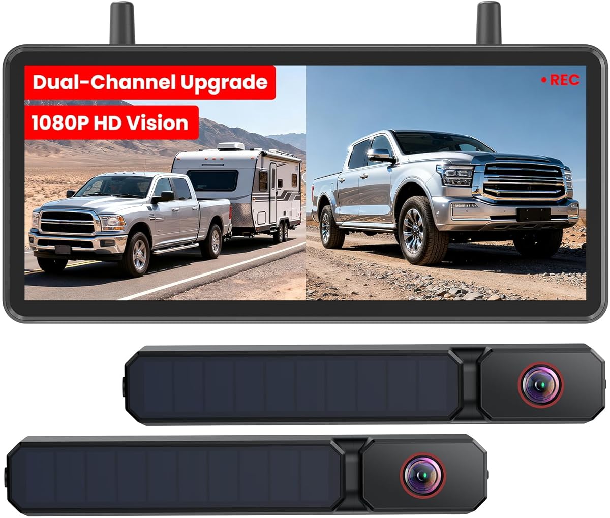 AUTO-VOX 2 Solar Wireless Backup Camera: Dual Cameras for Wider Coverage,DVR Recording 7.2" HD Split-Screen Monitor,Dual Antenna Signal,IP69K Waterproof Back Up Camera for Truck,RV,Camper,Trailer,Car