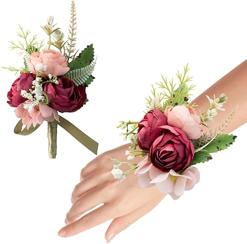 Juego de 2 muñequeras y ramillete de muñeca para boda, dama de honor, madre, abuela, para despedida de soltera, boda, rosas artificiales, flores,