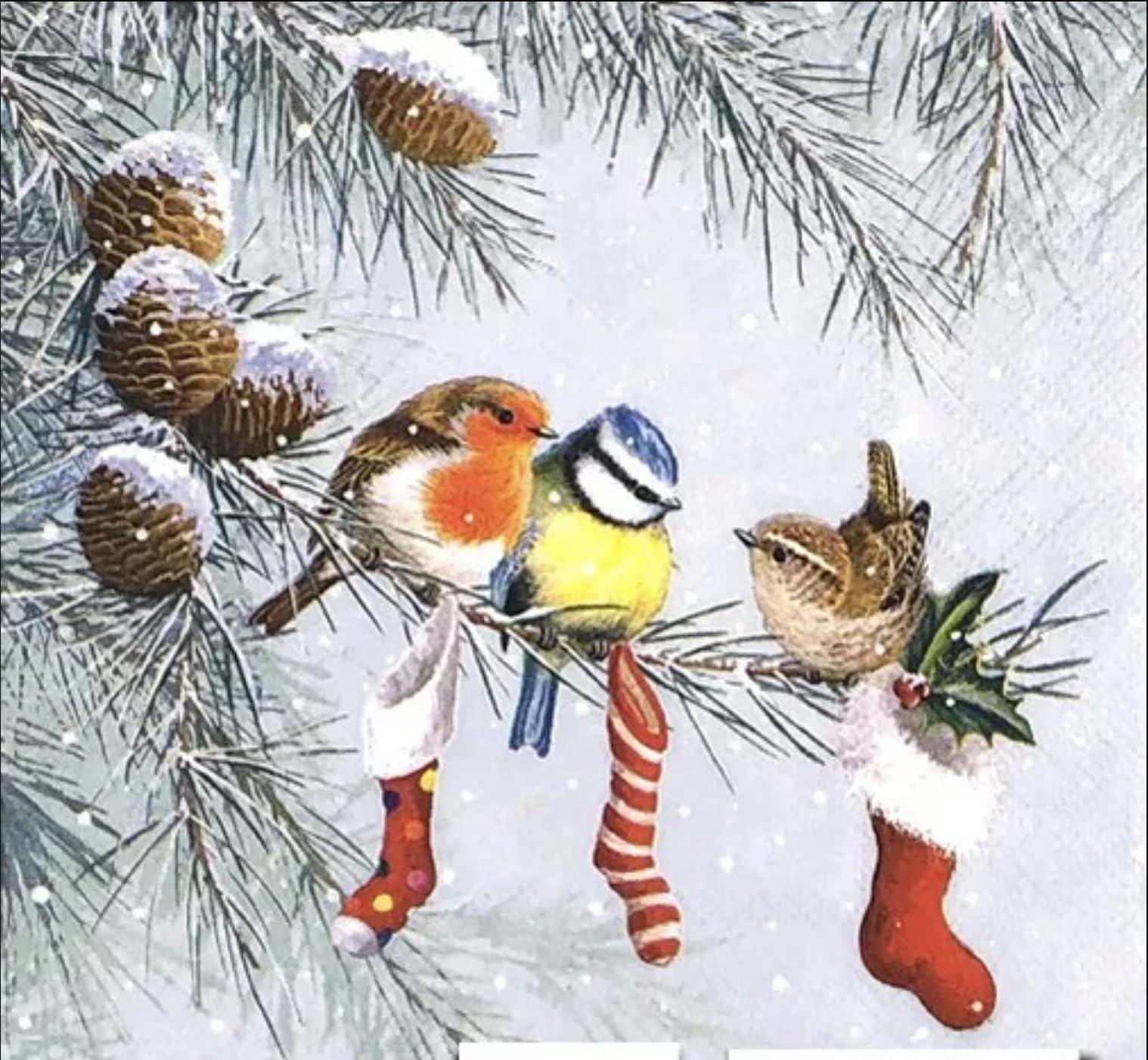 Set of 2 Individual Decoupage Paper Party Napkin Christmas Birds Stockings Watercolor Decor Luncheon Napkins for a Birthday Holiday, Wedding, Cocktail Party