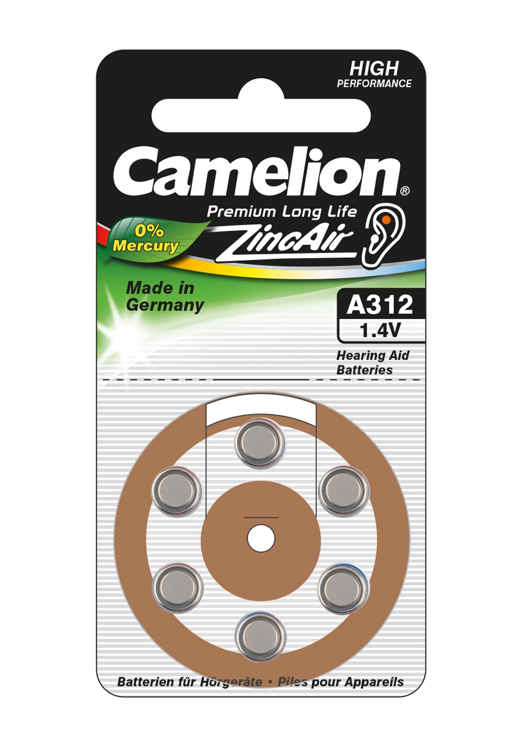 Camelion Zink-Luft Knopfzellen A312 / ZL 312 – 6er Set, 1,4 V, 160 MAh, Für Hörgeräte