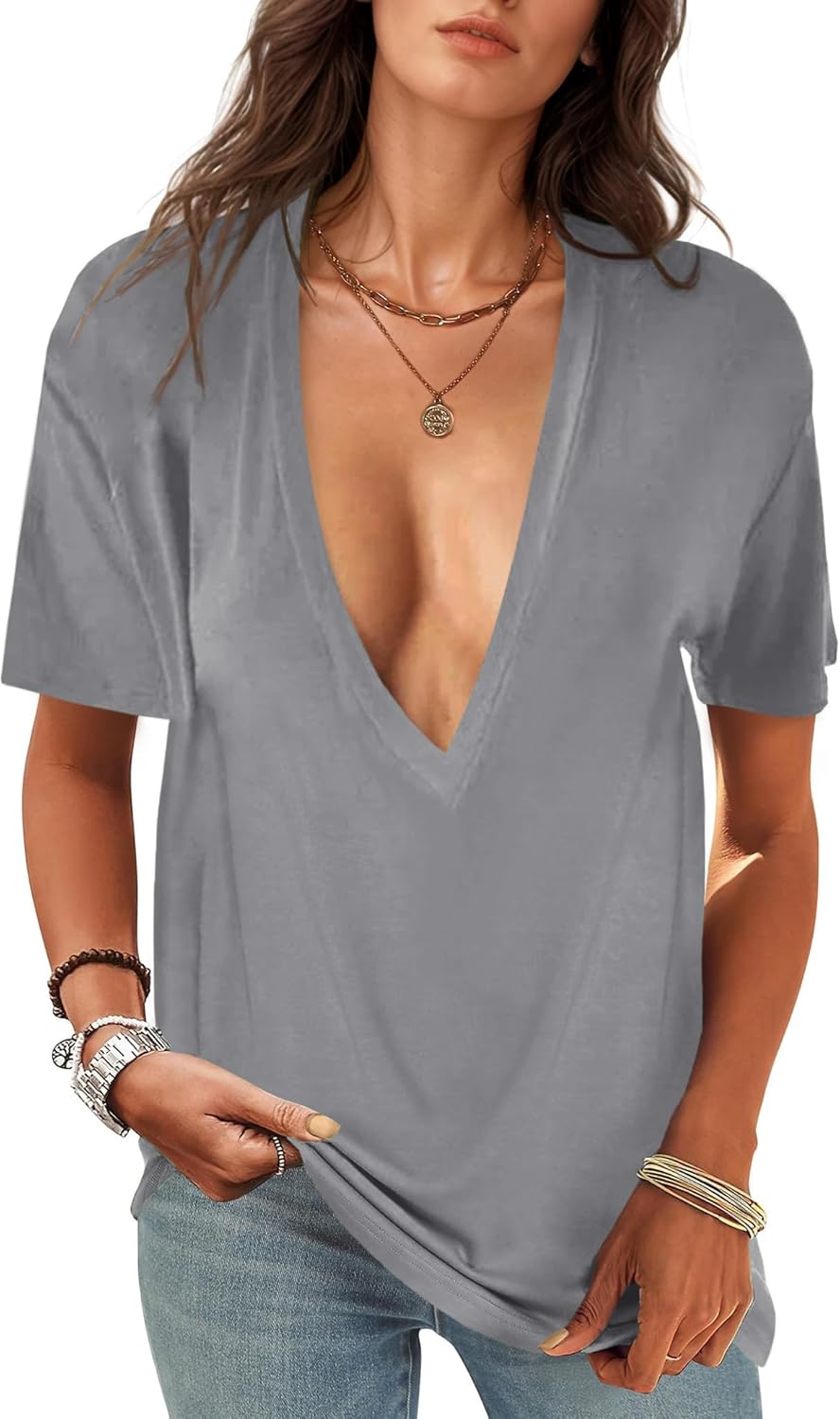 UNCLECAT Womens Deep V-Neck T Shirts Sexy Short Sleeve Tops Summer Oversized Tee