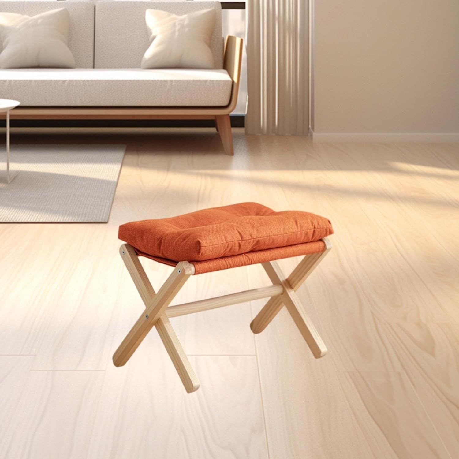 Folding Ottoman Seat for Kids with Upholstered Footrest and Step Stool, Orange