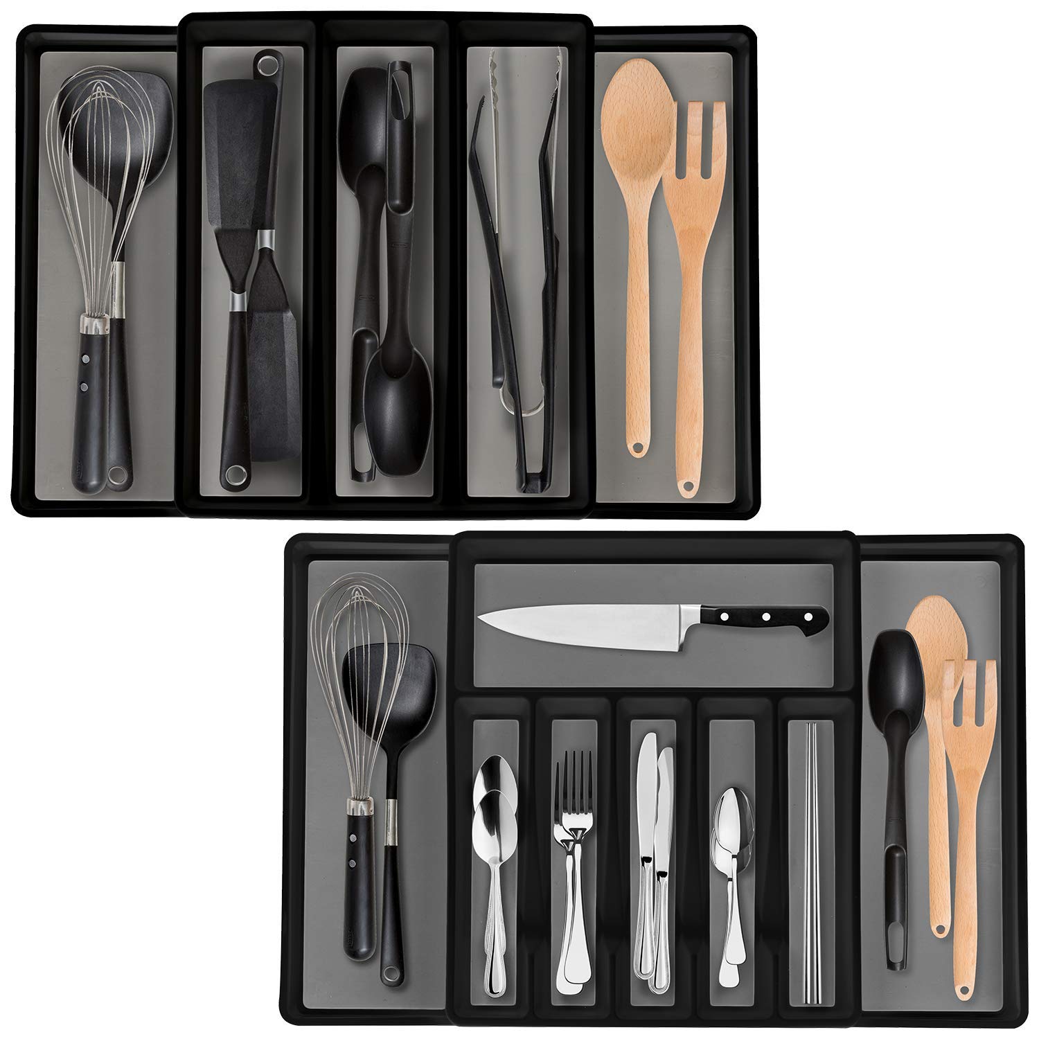 Eltow Expandable In Drawer Cutlery Organizer & Utensil Tray Set - 2 Kitchen Storage Trays For Flatware, Silverware, Cooking Utensils & More- Multipurpose Organizer For Kitchen & Office Supplies -Black