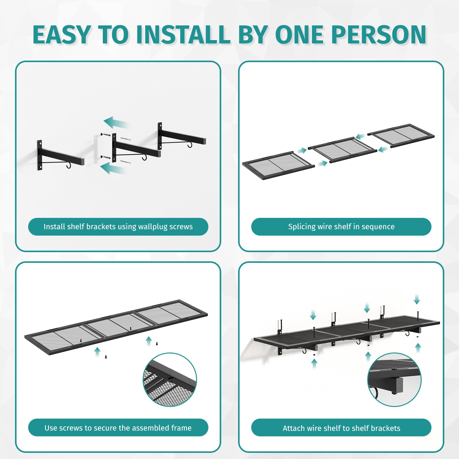 Scaffalatura da parete per garage, 116 x 32,6 cm, mensola per garage da parete, resistente, capacità 81,6 kg, scaffale galleggiante con 4 ganci, organizer in metallo nero per cantina, officina