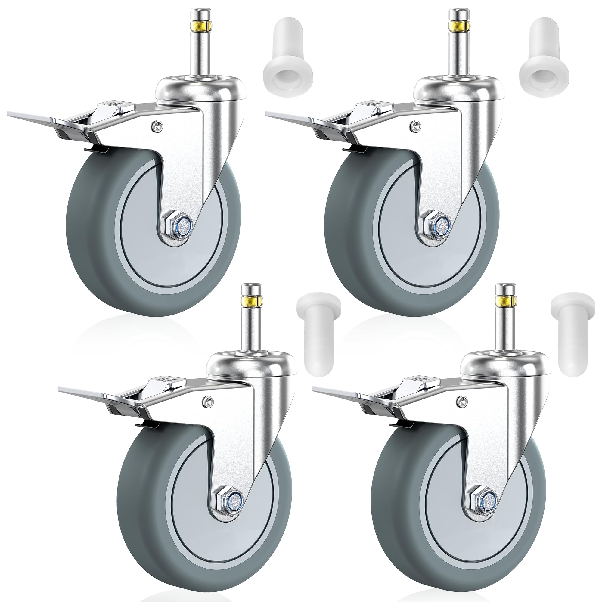 Sohnvwtgd 4 Stem Caster Wheels Inch Locking Casters Set Of 7/16-Inch Stem Diameter Swivel Castor Heavy Duty Tpr Rubber Replacement Castors For Cart, Stool, Mop Bucket, Grill, Shop Vac