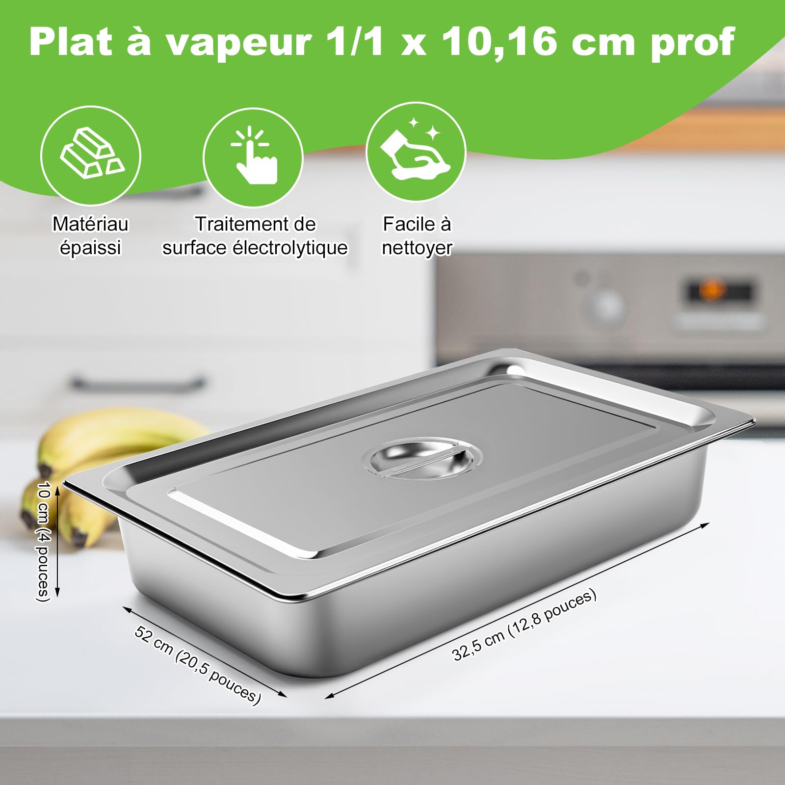 Paquete de 4 sartenes de hotel de acero inoxidable de 1/1 tamaño completo x 4 pulgadas de profundidad, PAN de 0.8 mm de grosor con tapa, vaporizador de acero inoxidable PAN de 20.8 x 12.8 x 4