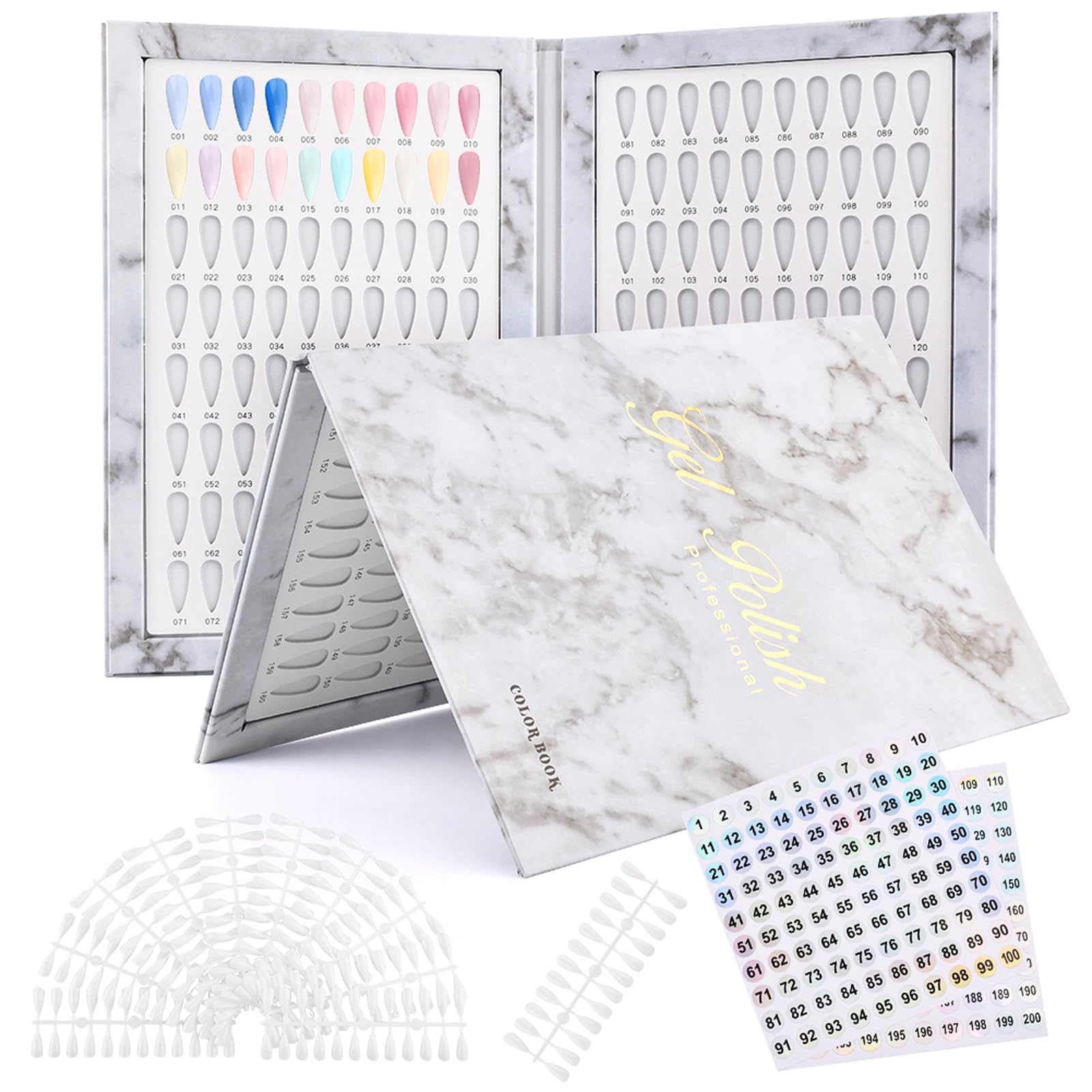 160 Nail Color Display Book with 240 Nail Tips and 1-200 Number Labels, Gel Polish Colors Card Board Professional Color Swatches Book White