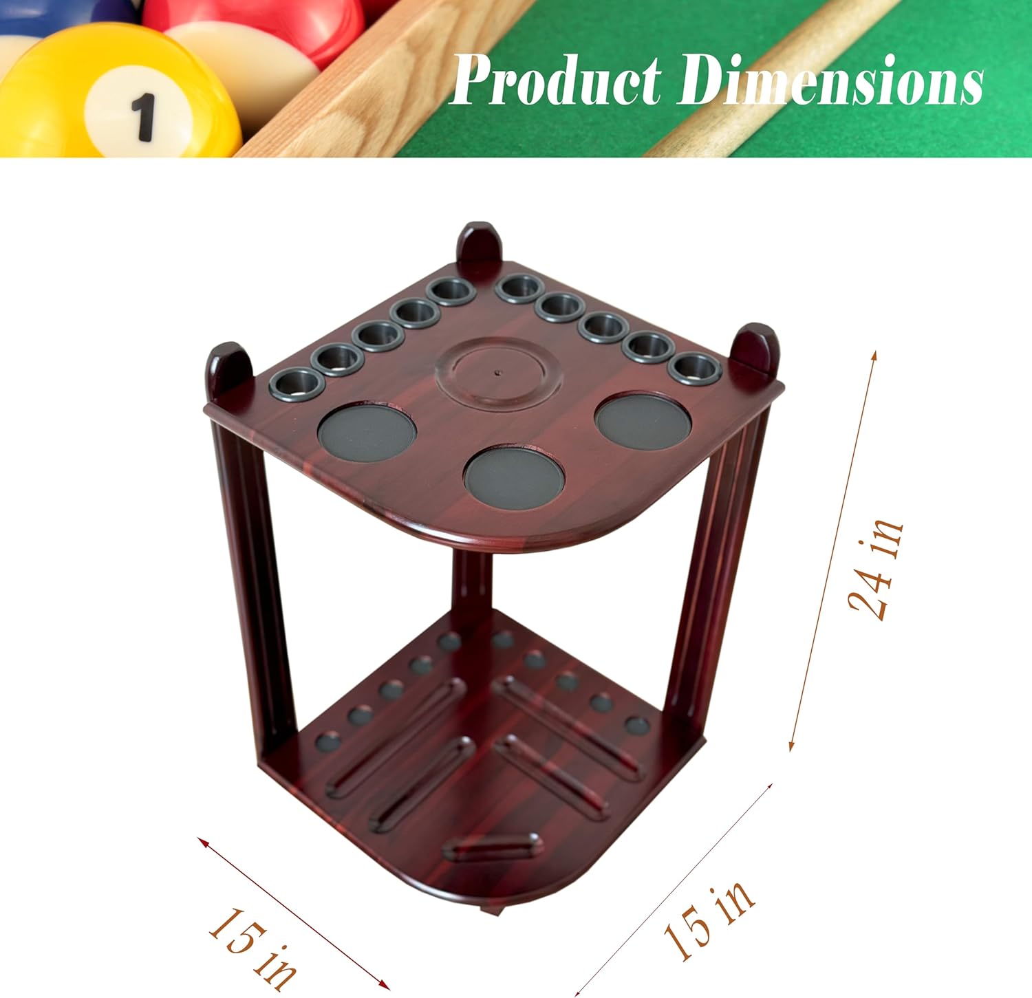 Corner Pool Cue Holder Rack Hold 10 Cue Sticks & Billiard Table Accessories. Pool Stick Holder Made of 100% Solid Hardwood with Cone Chalk Holder (Mahogany)