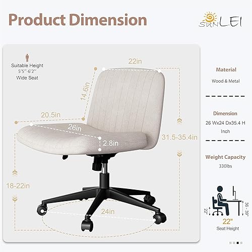 Miniatura 4 de SUNLEI Silla de oficina con patas cruzadas con ruedas, silla ancha sin brazos para escritorio de tocador, sillas cómodas cruzadas con respaldo,
