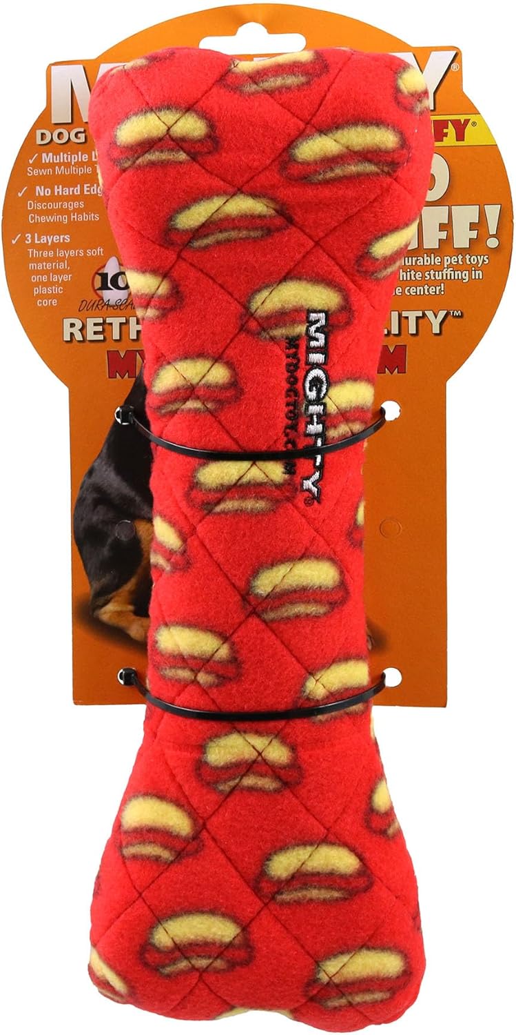 MIGHTY- No Stuff Bone-Red– Squeaky Plastic Core. 2-in-1 Toy. Made Durable & Floats, Strong & Tough. Interactive Play Dog Toy (Tug, Toss & Fetch)