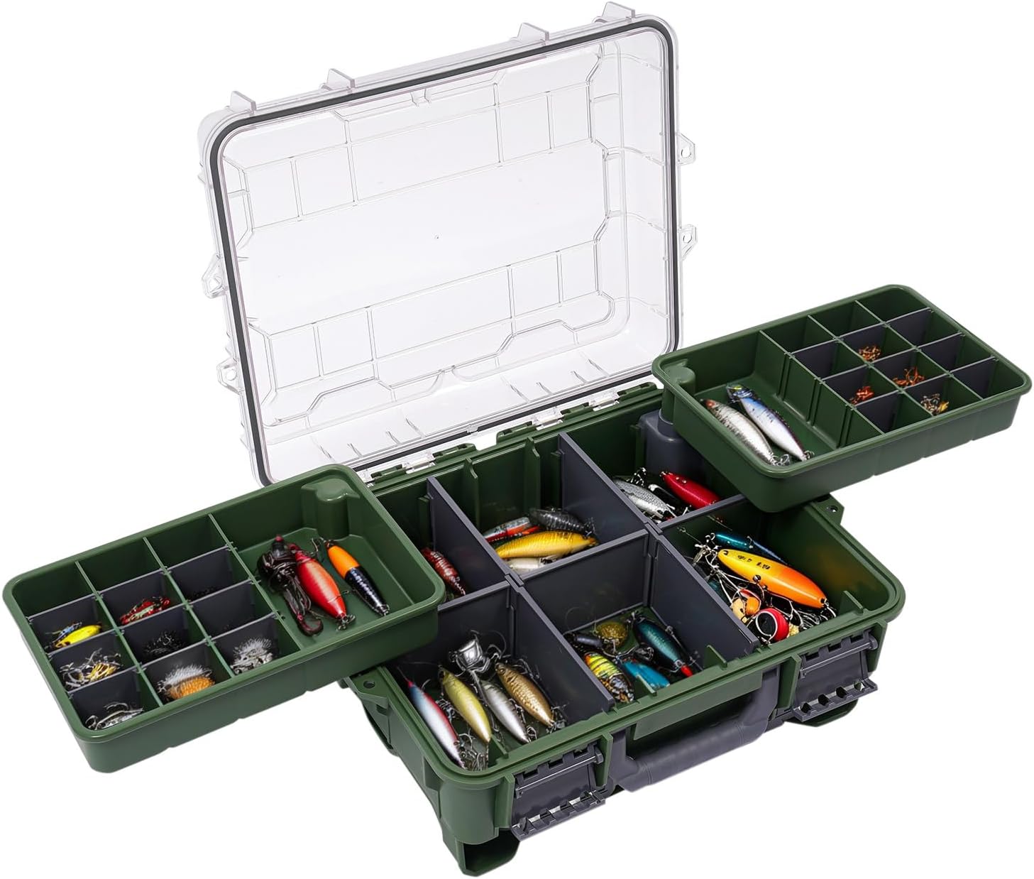 Fishing Tackle Box 3 Tiers Lure and Accessory Storage Organizer with Removable Tackle Tray Olive Green Tackle Trays for Anglers (Olive Green)