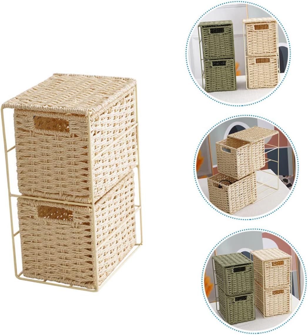 Dual-Layer Woven Storage Basket Drawers Imitation Rattan Organizer for Home Small Sundries Container for Clothes Toys and Accessories