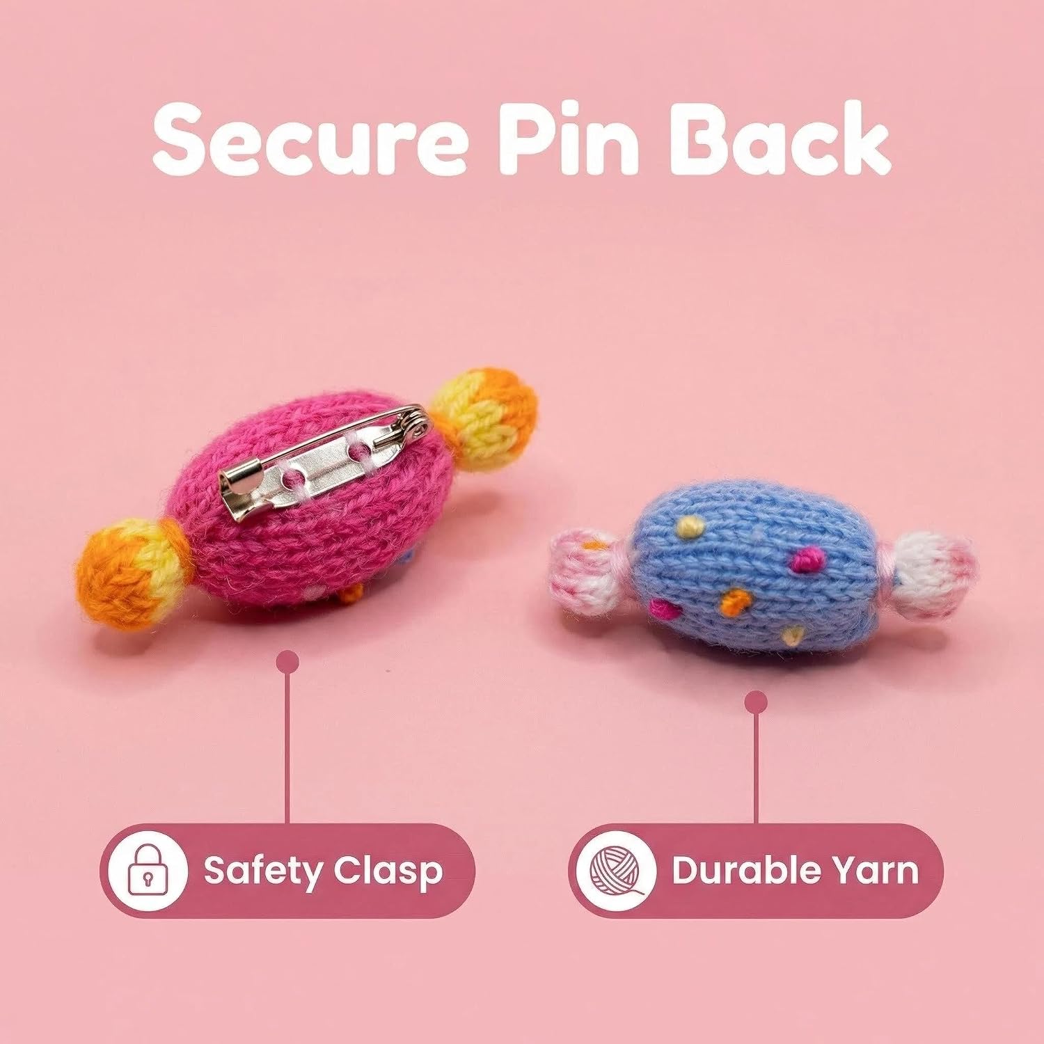 Handmade Crochet Candy Brooches, Colorful Knit Sweet Treats with Safety Pin Back, Lightweight Portable Accessories, 4-Piece Set