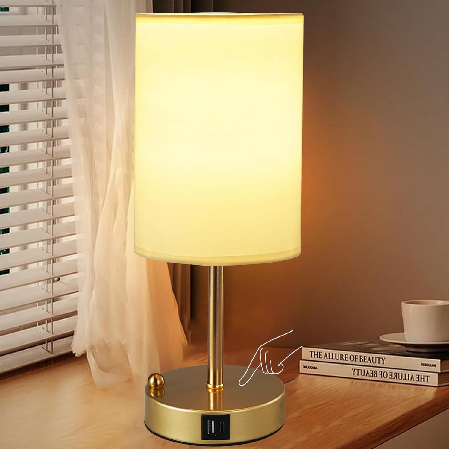 Briever Touch Control Table Lamp for Bedroom, 3-Way Dimmable Nightstand Lamp with USB Charging Ports, Bedside Desk Lamp with Gold Phone Stand & Round Linen Fabric Shade, Bulb Included