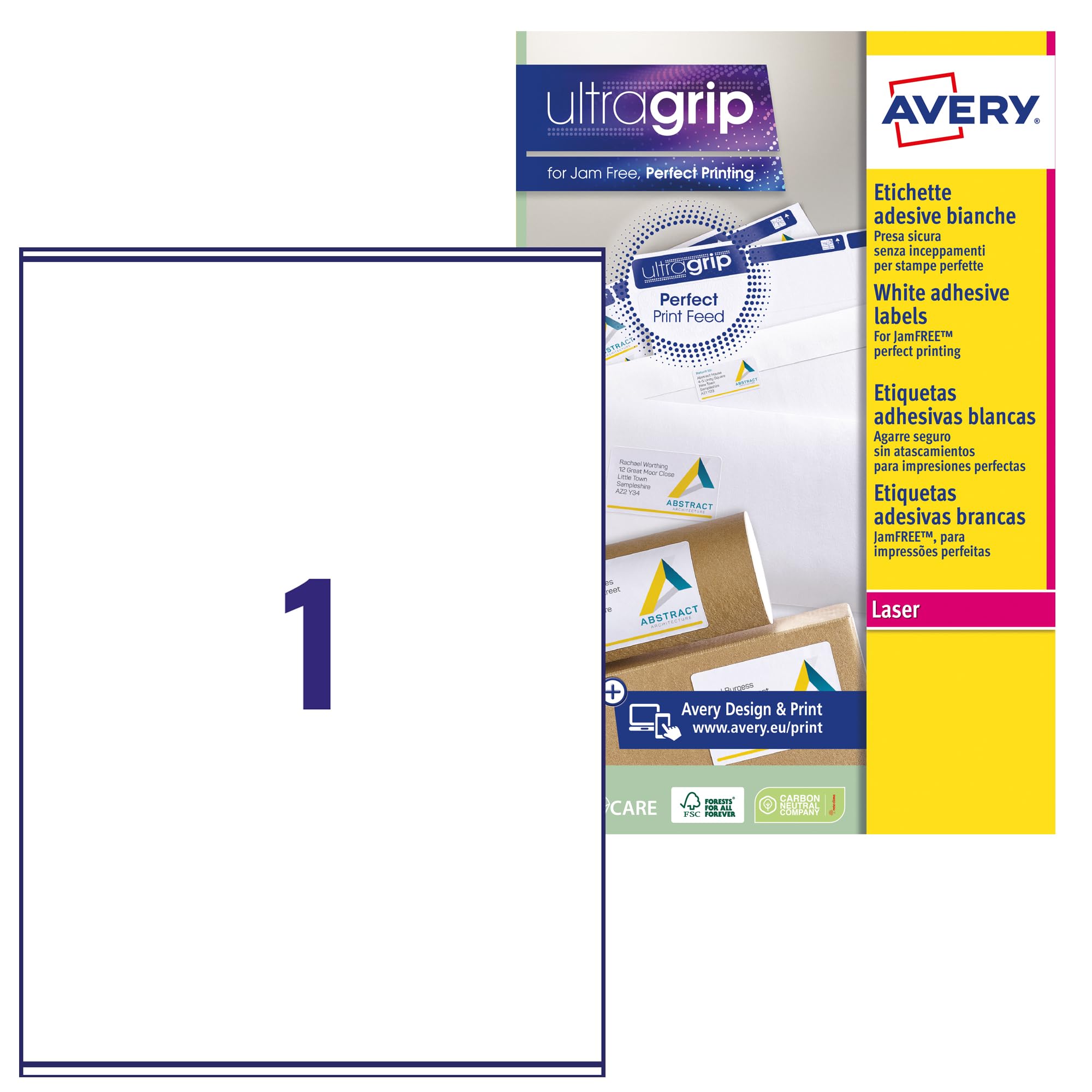 Avery Italia L7167-100 Etichette adesive in carta bianca, 100 fogli A4, rettangolari 199,6x289,1mm, 1 etichette per foglio, adesivo permanente, stampanti laser