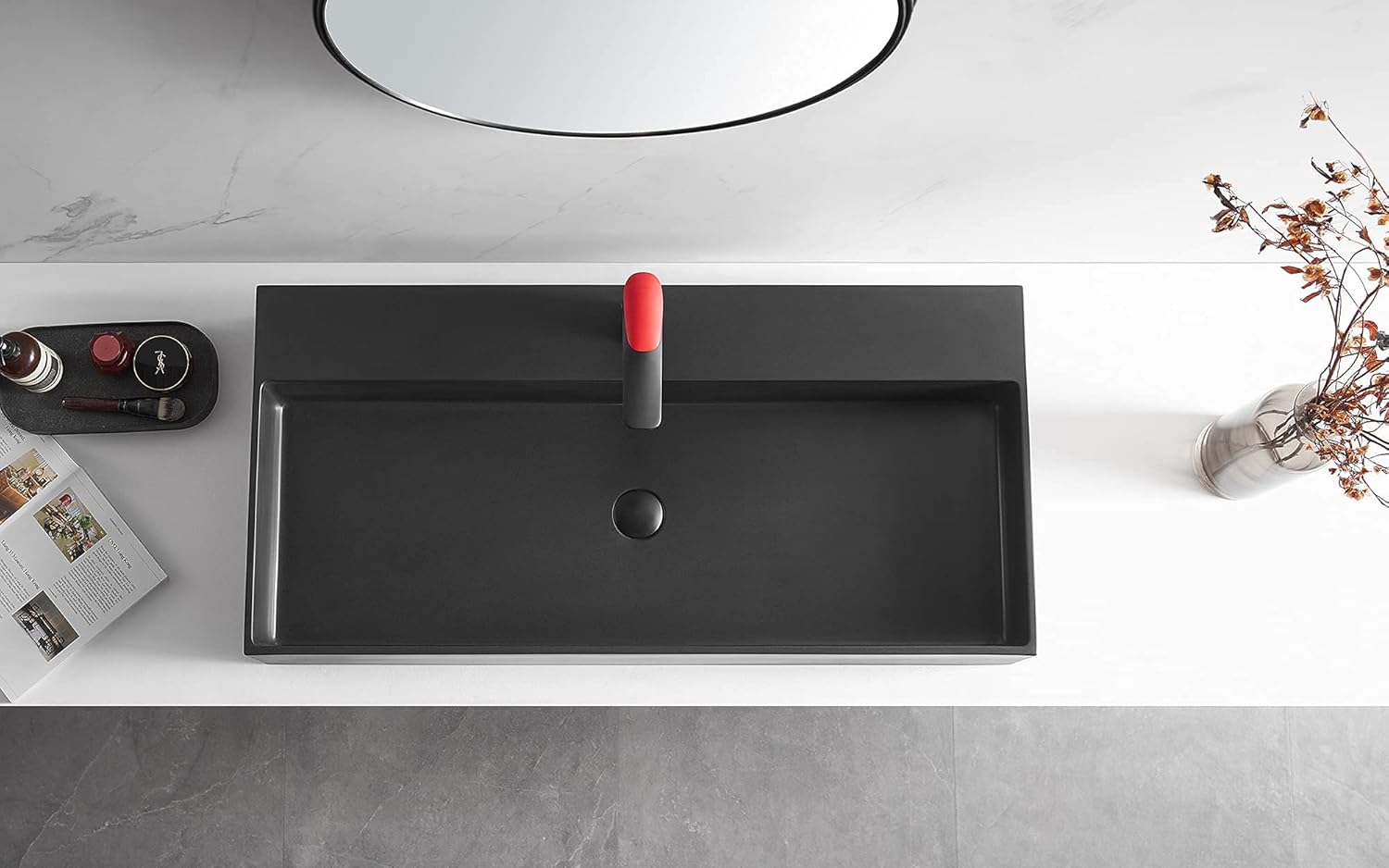 Serene Valley Bathroom Sink, Wall-Mount Install or On Countertop, 40" with Single Faucet Hole, Premium Granite Material in Matte Black