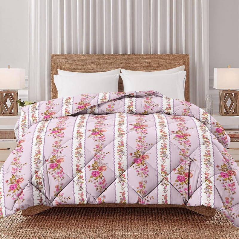 Image of HOMEKART 220 GSM Premium Reversible Microfiber AC Comforter for Single Bed | Soft, Lightweight & Breathable All-Season 3-Layer Quilted Blanket (150 cm x 225 cm, Floral, Pink)