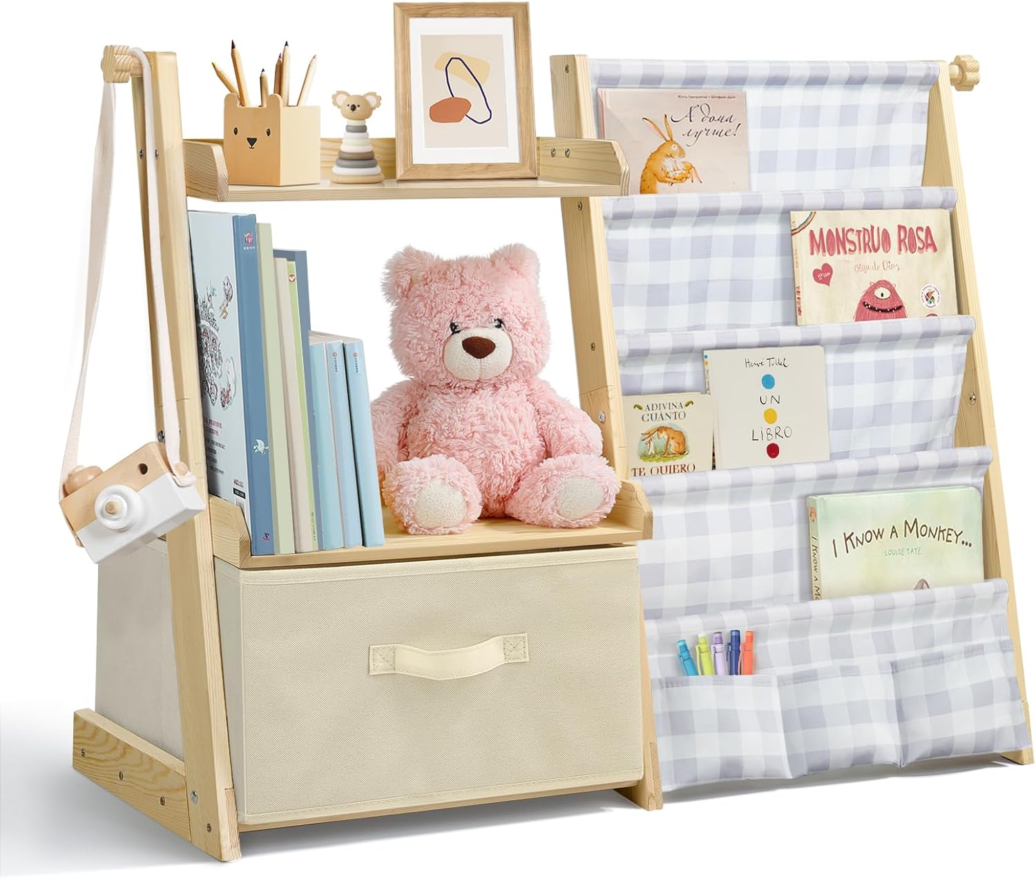 Kids Bookshelf and Toy Organizer 2 in 1,Book Shelf for Kids Rooms with Movable Toy Bin,4 Tier Toddler Sling Book Rack for Nursery Bedroom Playroom (Grey Plaid)