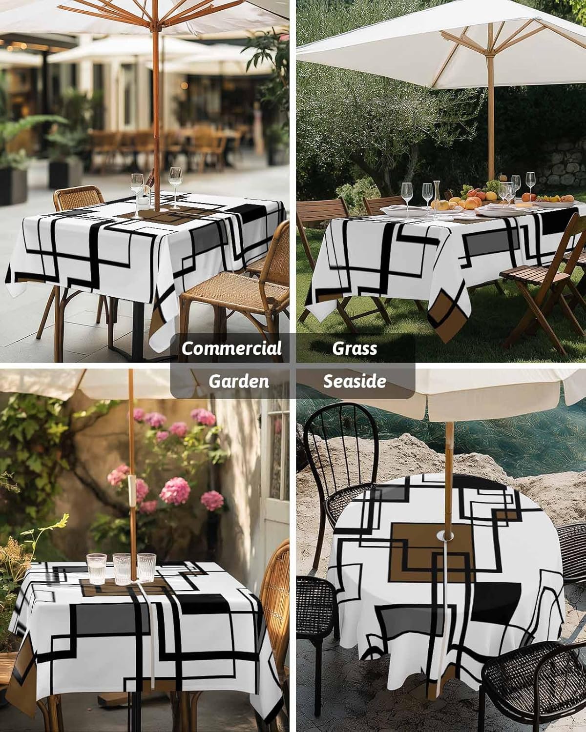 Rectangle Outdoor Tablecloth with Umbrella Hole 60x102 Inch, Table Cloth Waterproof Tablecloths Patio Table Cover, Garden/Yard Table Covers with Zipper - Abstract Geometric Cubes Modern Art Brown