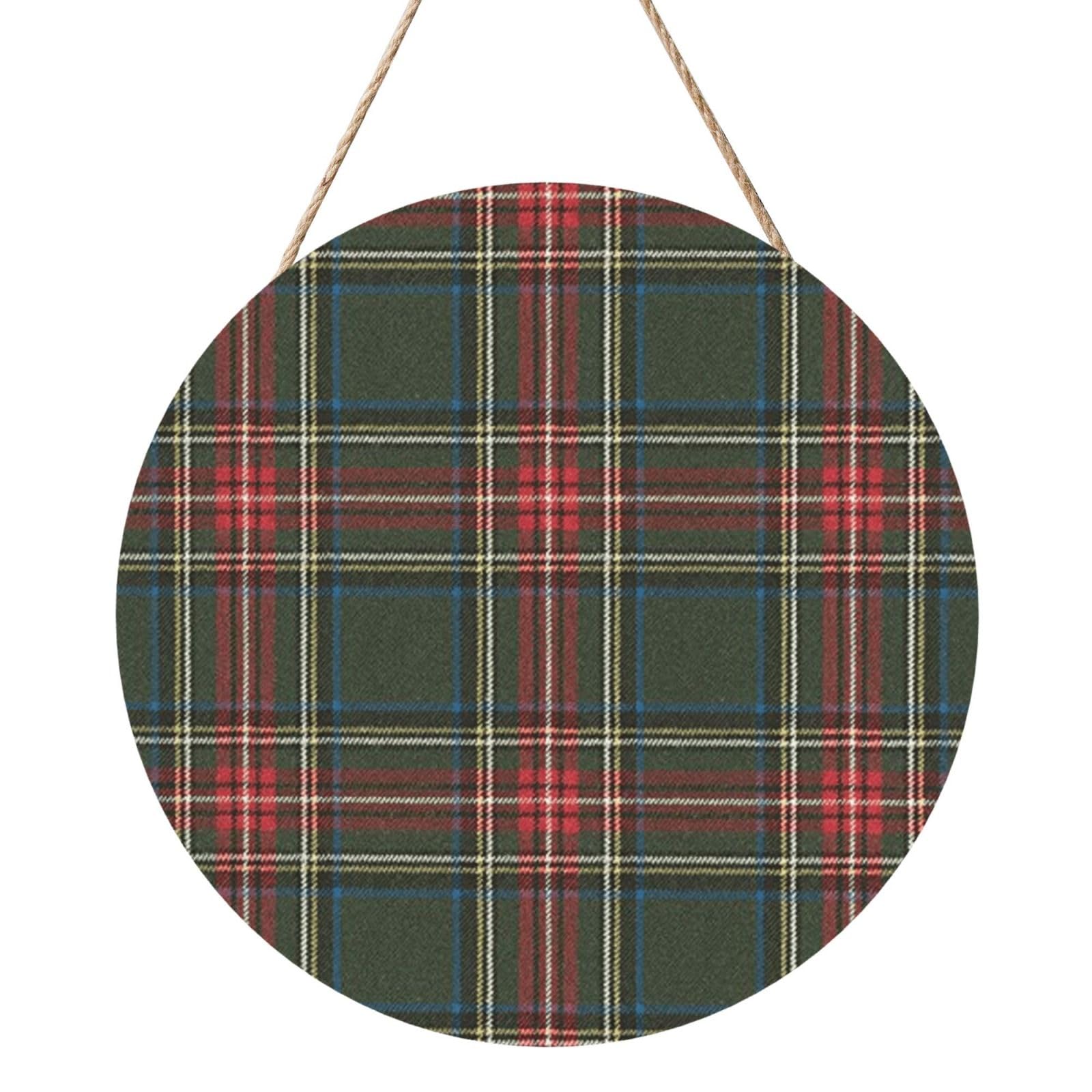 InOmak Green And Red Tartan, Round Wood Panel Painting 12 in, Wall Hanging Painting For Home