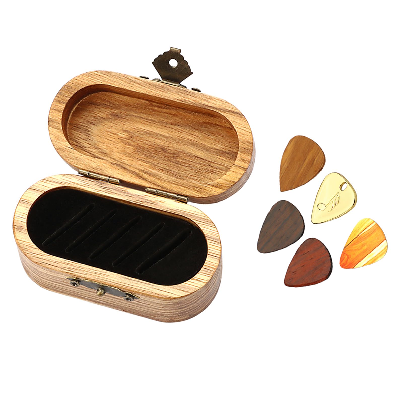 Caja de almacenamiento de madera para púas de guitarra, portátil, con 5 púas de guitarra para guitarristas