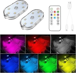 2 PCS Car Led Lights Interior with Remote Control,7 Colors Ambient Lighting Car Interior,USB Rechargeable Car Interior Rea...
