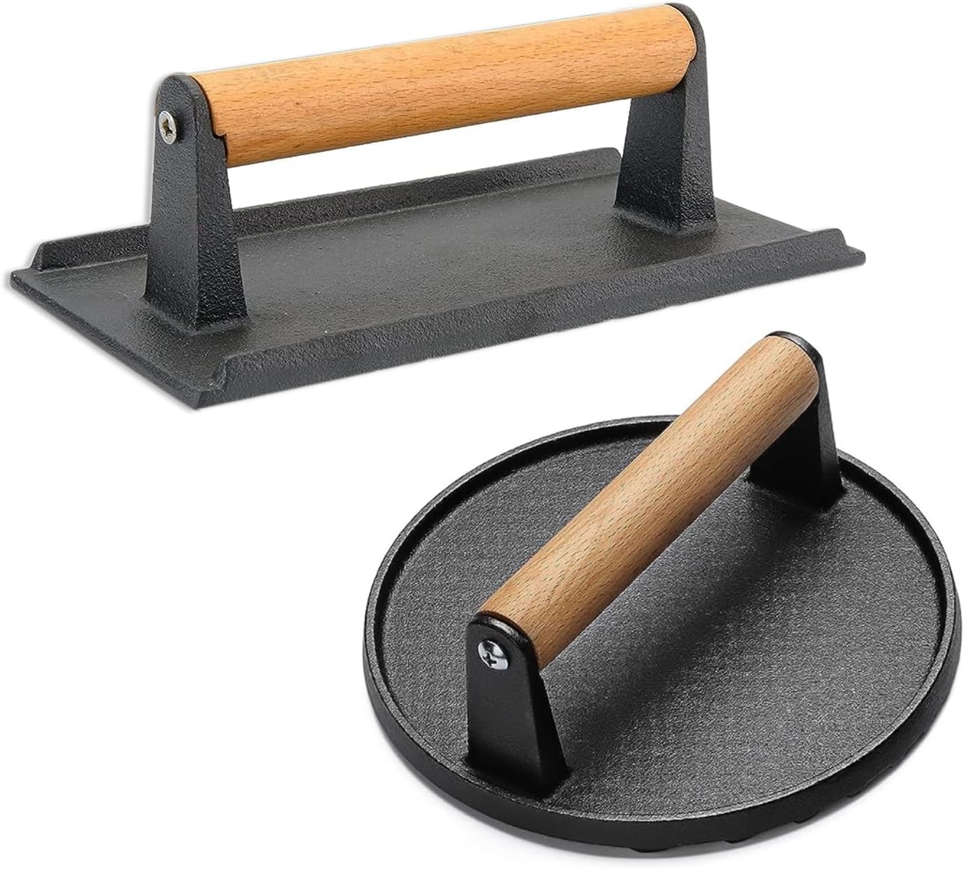 Fohome Burger Press, 2-Pack Burger Smasher for Grill Press & Bacon Press, Heavy-Duty Cast Iron Smash Bacon Press Meat Steak with Wood Handle, Hamburger Press Patty Make